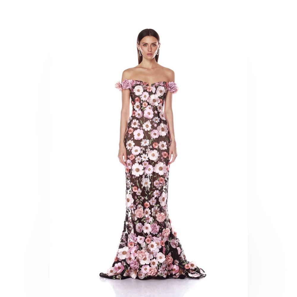 NWOT Bronx and Banco Jasmine Black Multi Off Shoulder Gown